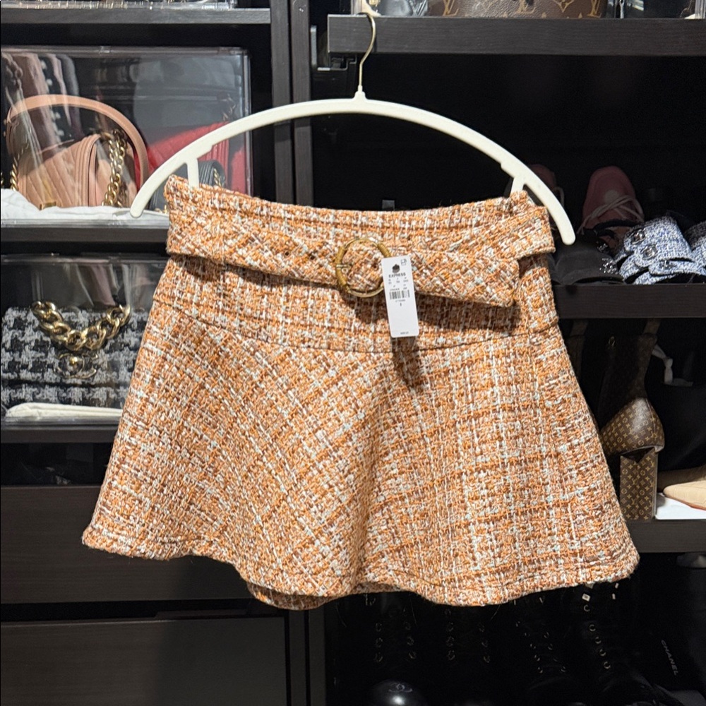 Express Orange Tweed Mini Skirt with Belt